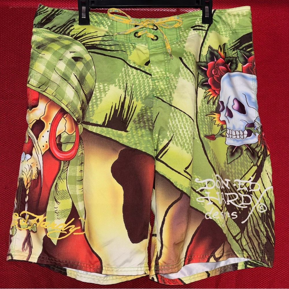 Ed Hardy Green and Red Skull Board Shorts